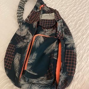 Navy Palm-Print Sling Bag with Orange Accents